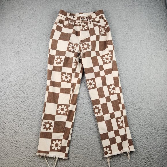 PacSun Denim - Pacsun Jeans Womens 25 High Rise Straight Leg Eco Flower Plaid Button Fly Frayed